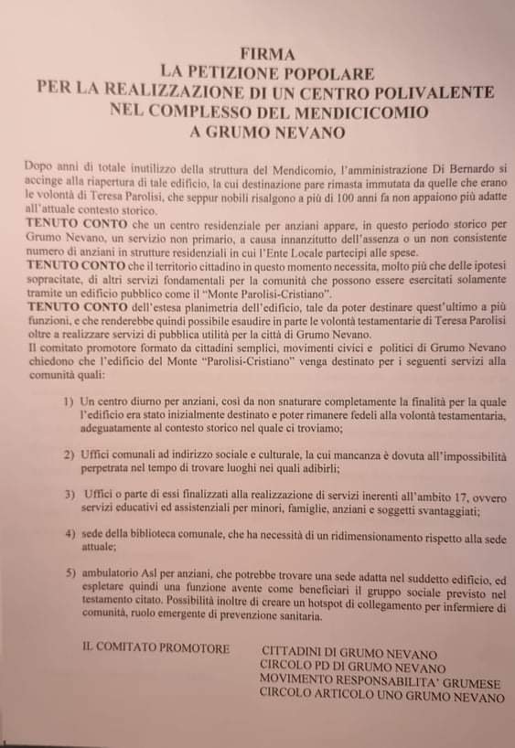 Grumo Nevano,Petizione popolare per il Mendicicomio