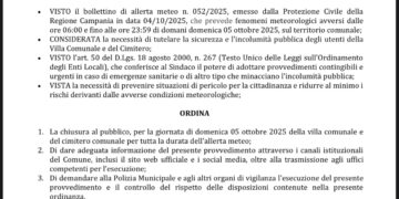 Melito: Causa allerta meteo il 5 ottobre chiude la Villa comunale e il Cimitero