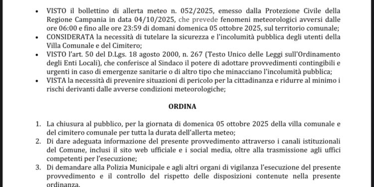 Melito: Causa allerta meteo il 5 ottobre chiude la Villa comunale e il Cimitero