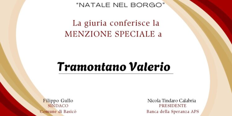 Valerio TRAMONTANO, riceve premio al concorso nazionale letterario “Natale nel borgo”